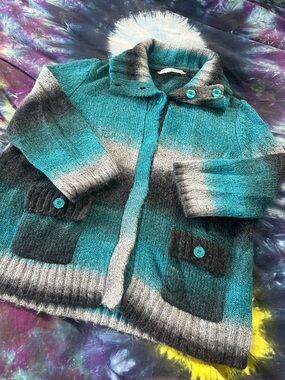 Striped Teal & Gray Knit Cardigan with Button Details by Peter Nygard